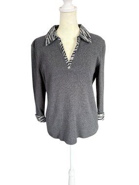 Karen Scott women's gray long sleeve collared v-neck shirt zebra print accent M